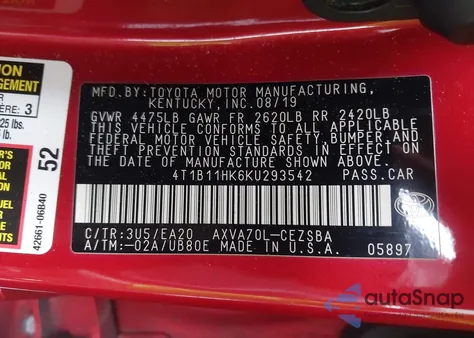 2019 Toyota Camry Se z USA, uszkodzony, nr VIN 4T1B11HK6KU293542